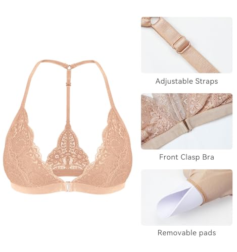 Image of SHEKINI Women's Embroidered Triangle Bra Front Closure Plunge Wireless Lightly Lined Lace Bralette Top