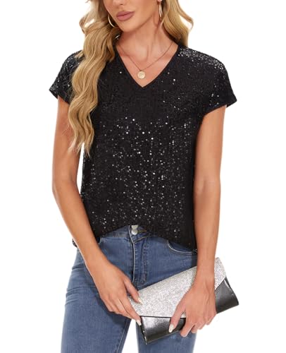 MINTLIMIT Bluse Damen Elegant Pailletten Glitzer Tops Kurzarm Festival Party Oberteil (Schwarz,L)