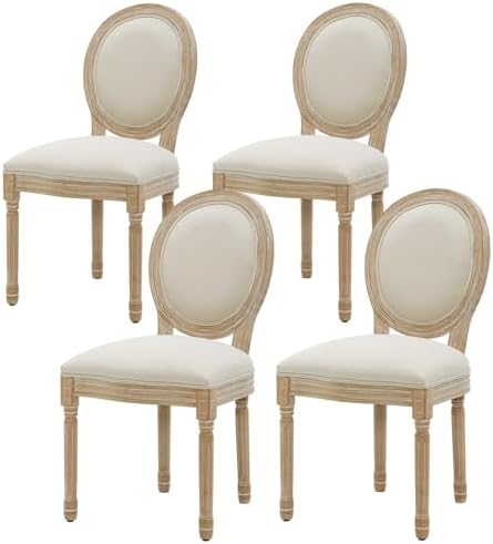 Furnimart French Country Vintage Dining Chairs Set of 4 Farmhouse Dining Chairs with Round Back and Solid Wood Legs, Oval Side Chairs for Kitchen Dining Room Living Room (Beige)