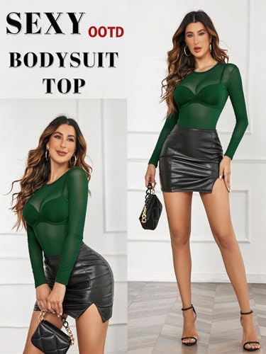 Image of Avidlove Womens Mesh Long Sleeve Bodysuit Round Neck Sheer Leotards Geo Print Bodysuit Top with Snap Crotch