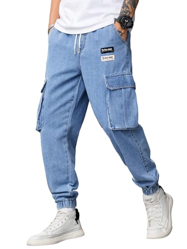 Verdusa Men's Elastic Waist Drawstring Denim Cargo Pants Joggers with Pockets