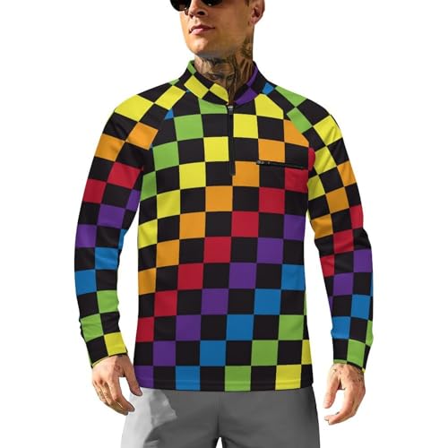 Rainbow LGBT Checkered Men's Rash Guard Long Sleeves Quick Dry Fishing Workout Shirts with Zipper