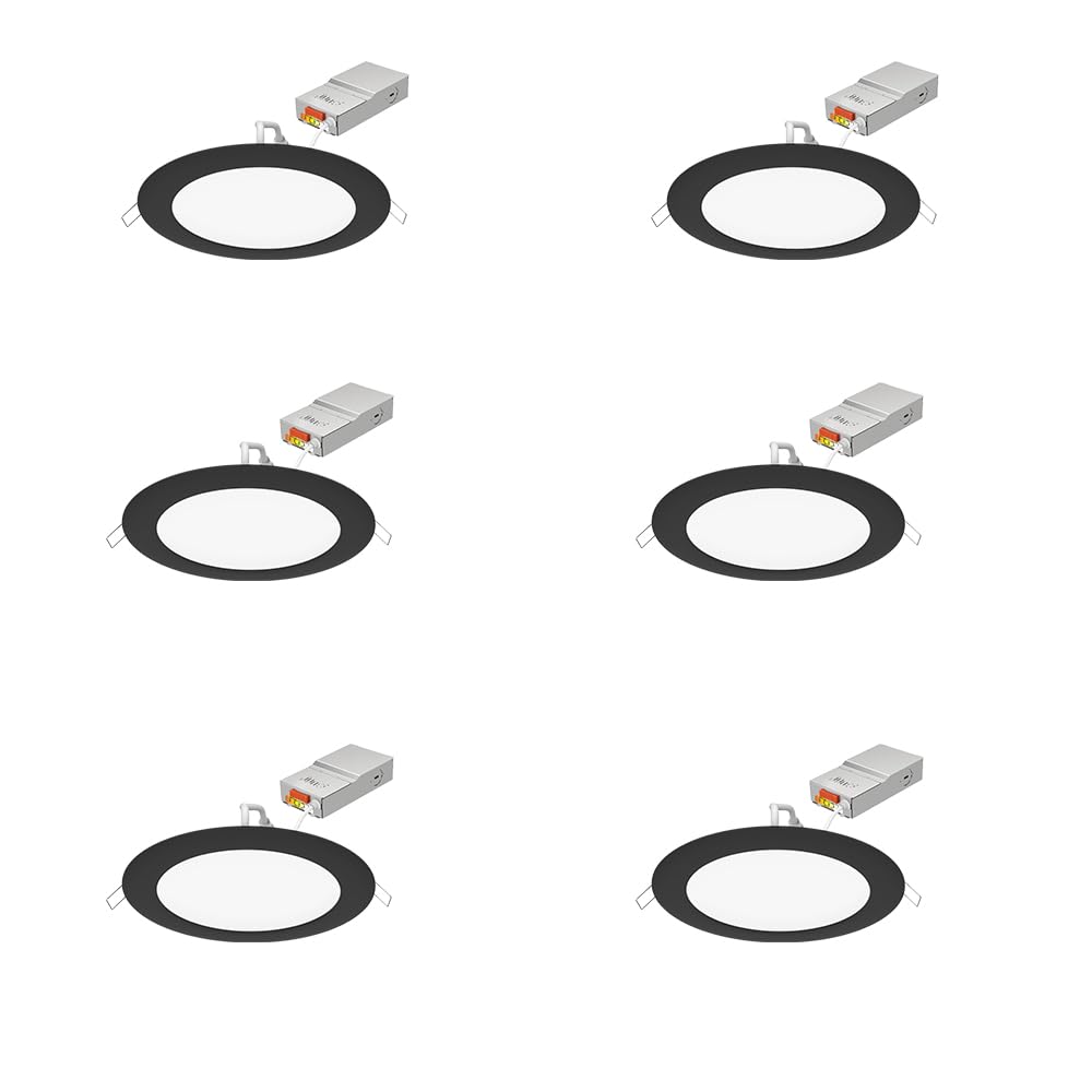 JunoLED Recessed Lights 6 Inch Round Wafer Downlight, 5-in-1 Switchable White Color Temperature, 120 Volts, 6-Inch Ultra-Thin Flat Trim, Matte Black, 6-Pack (WF6 SWW5 90CRI CP6 MB M2)