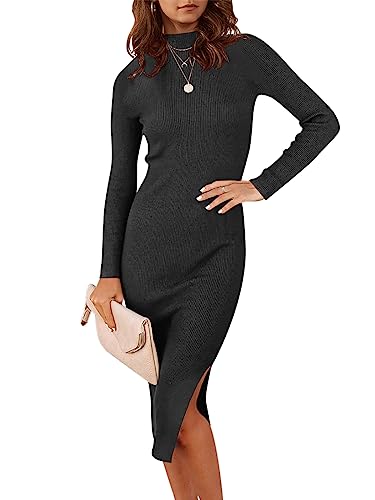 ANRABESS Women 2023 Winter Sweater Dress Turtleneck Long Sleeve Sexy Slim Fit Slit Party Boydcon Midi Dresses for Elegant Wedding Guest 308heise-S Black