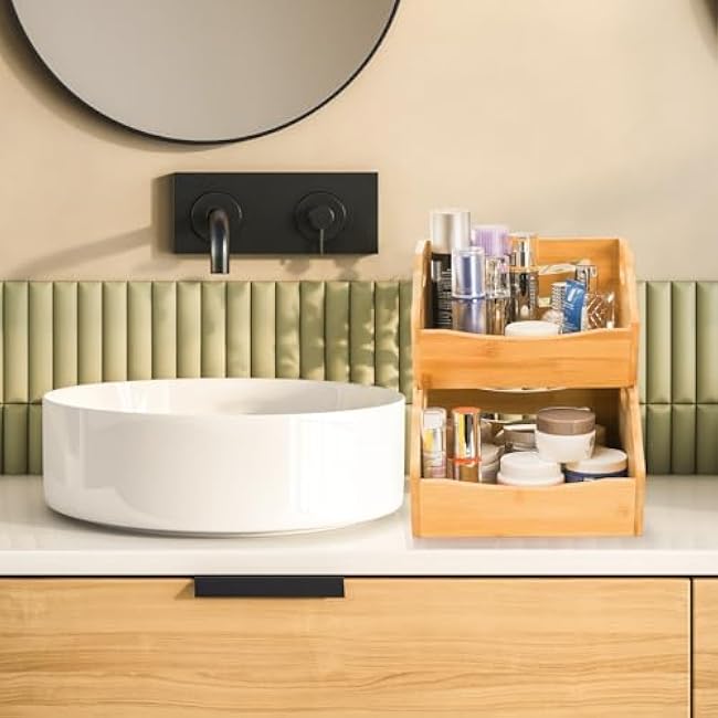 2 Pack Bamboo Stackable Storage Bin, Countertop Open Front Stacking Bins, 2 Tier Organize Basket Box with Handle, Food Fruit Container for Cabinet, Kitchen, Studio, Office