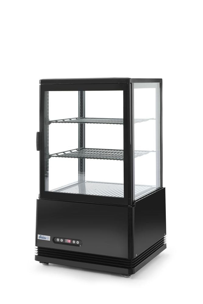 HENDI Vitrina expositora refrigerada, descongelación automática, sistema antivaho, 2 estantes, iluminaciónED, etiqueta energética C, 58L, 230V, 170W, 452x406x(H)816mm, Negro, ABS, doble cristal