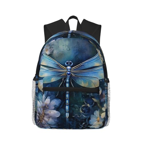 Sac à dos libellule bleue artistique noir à double bandoulière léger