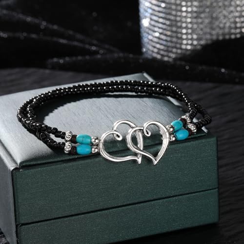 RIJXU 2 Pack Boho Beaded Anklets for Women with Silver Double Heart Charms - Summer Elastic Jewelry (White & Black) - Image 5