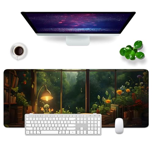 Sous-main vert floral 80x30 cm : tapis de souris XL grand format pour bureau et clavier de PC