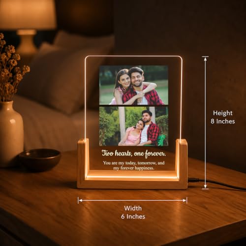 Image of Giftplease Personalized LED Acrylic Photo Frame with Custom Photos & Text | Engraved Acrylic Picture Lamp | Wooden LED Base | USB Night Light | Anniversary Wedding Birthday Couple Family Home Decor