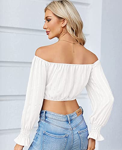 MIRACMODA Womens Elegant Off The Shoulder Puff Sleeve Blouse Summer Chiffon Slim Fit Party Crop Top2