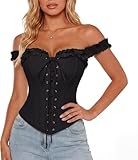 SCARLET DARKNESS Damen Mittelalter Korsett Mit Rüschen Herzausschnitt Breiter Schultergurt Corset Vintage Bustier Schwarz 40