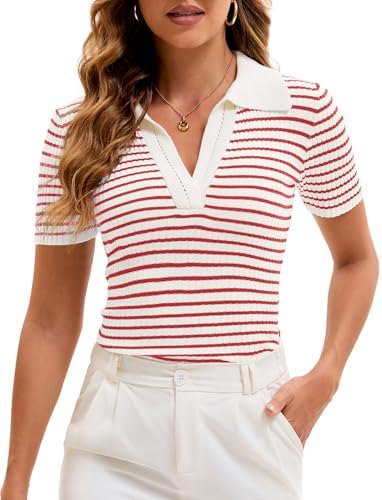 Cioatin Women Short Sleeve Striped Knit Polo Crop Shirt Tops Vintage Collar V Neck Slim Fit T-Shirt Aesthetic Going Out