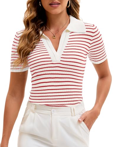 Cioatin Women Short Sleeve Striped Knit Polo Crop Shirt Tops Vintage Collar V Neck Slim Fit T-Shirt Aesthetic Going Out