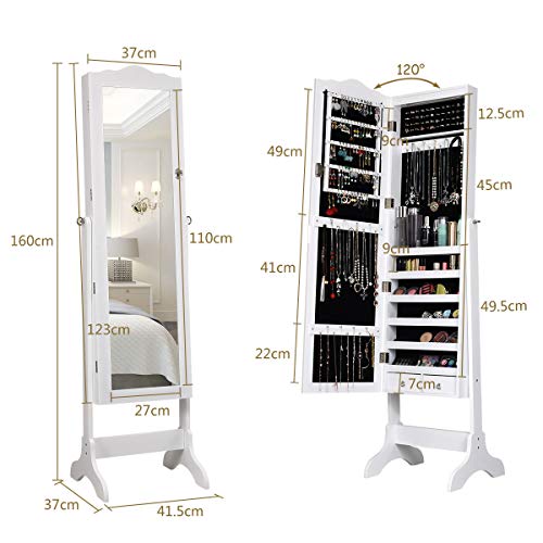 Miniatura 4 de Costway Armario Para Joyas Espejo Joyero Con 14 Luces Led Espejo De Cuerpo Entero Con Cerradura Gabinete De Joyería De Pie Organizador Para Anillos Cadena Y Pendientes Blanco