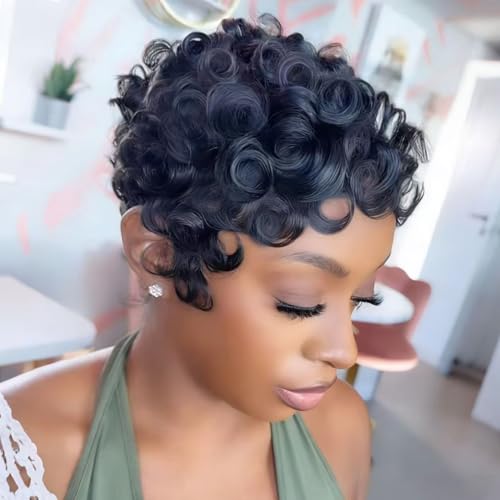 VRZ Pixie Cut Wig Human Hair for Black Women Short Curly Pixie Cut Wigs Human Hair Glueless Full Machine Made for Daily Use Easy to Wear and Go Wig C10#BL Black Color