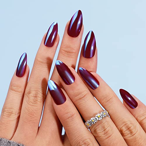 Press On Nails Short, Bettycora Glue On Nails Pointed Almond Press On Nails Fake Nails Stick On Nails With Nail Glue Nail Adhesive Tabs Acrylic False Nail Tips Kit 12 Sizes, Red Blue Mirror #TOP2