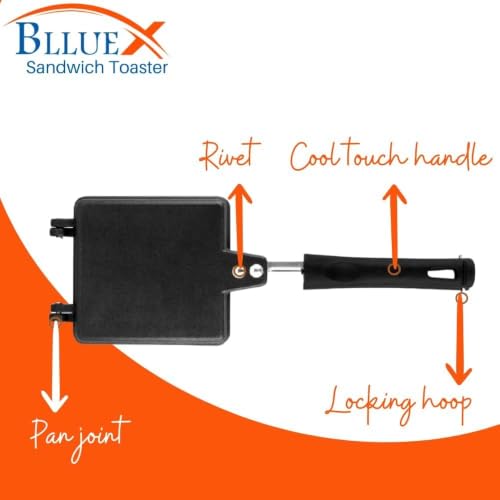 Image of Double Sided Sandwich Grill Pan | Non-Stick Toast Maker Aluminium Stovetop Toaster Gas Stove Flip for Bread Snacks Heat Resistant Handle Black (Jumbo-2 cut Toaster)