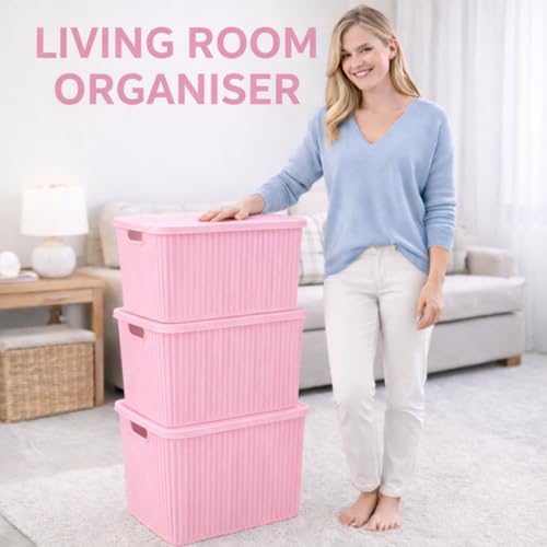 Image of Plastic Storage Box with Lid - Large Stackable Organizer Storage Box for Clothes, Toys, Kitchen - Big Size Plastic Storage Container Basket for Home, Office, Bathroom(Large,Pack of 2,Pink)