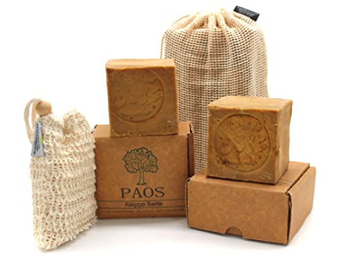 PAOS Original Aleppo Seife Set, 90% Olivenöl 10% Lorbeeröl, 2x ca.200g inkl. Sisal Seifensäckchen + gratis Reisebeutel, Handmade, Vegan, Naturprodukt, Haarseife, Duschseife, Original Rezeptur Cover