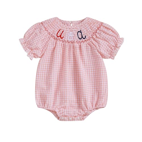 Image of FIOMVA Toddler Baby Girl Clothes Summer Smocked Bubble Romper Embroidery Onesie Short Sleeve Bodysuit Cute Outfits