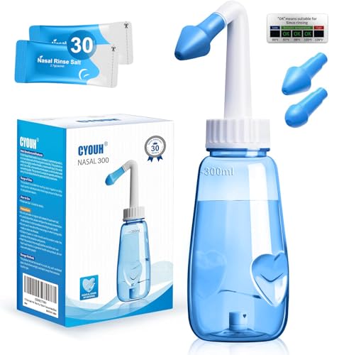 CYOUH Nasendusche Set, 300 ml, mit 30 Nasenwasch-Salzpaketen und Aufkleberthermometer，nasendusche erwachsene zur Nasenreinigung und Nasenspülung（Blau）