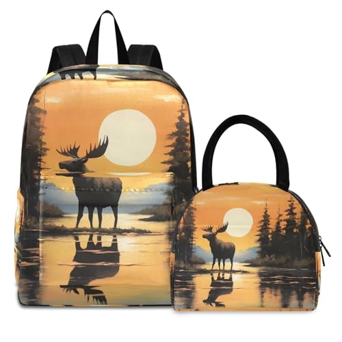 Backpack Lunch Box Set Large Capacity Travel Backpacks and Insulated Lunch Bag for Commute Hiking Picnic Lake Moose Print