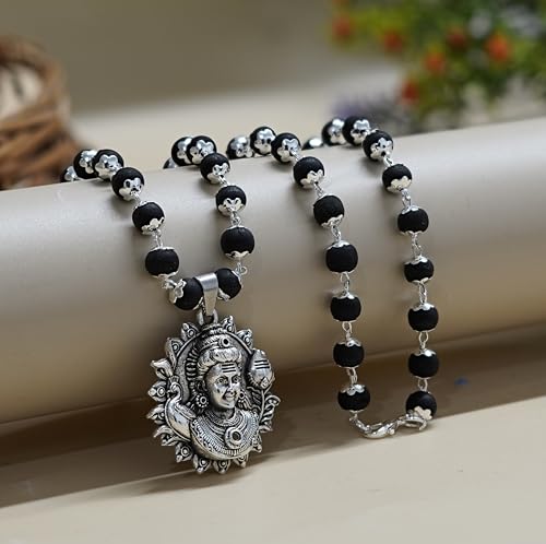 Image of Japam Silver Karungali Necklace with Murugan Vetri Vel Pendant | Black Wood Spiritual Mala for Men | Puja & Meditation | Certificate of Authenticity