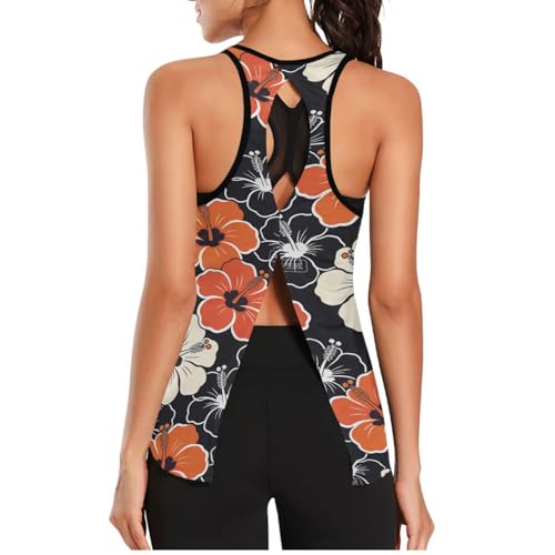 voucong Camisetas deportivas para mujer, tela de malla, de secado rápido, para gimnasio, correr, yoga, tropical, Flor tropical, naranja, negro, M