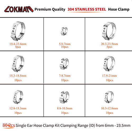 LOKMAN Stainless Steel Single Ear Hose Clamp, 80Pcs 6-23.6mm Crimp Hose Clamp Assortment Kit Ear Stepless Cinch Rings Crimp Pinch Fitting Tools (1/4 inch - 15/16 inch)