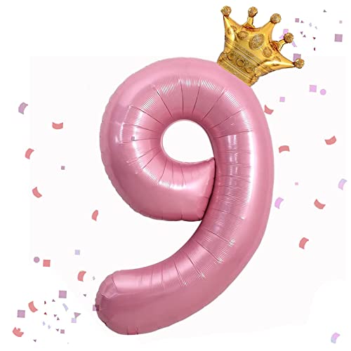 40 Inch Pink Number 9 & Mini Crown Balloon For Birthday Party Decorations, 9Th Birthday Party Decorations Pink Theme Party Balloons Decorations Supplies #TOP24