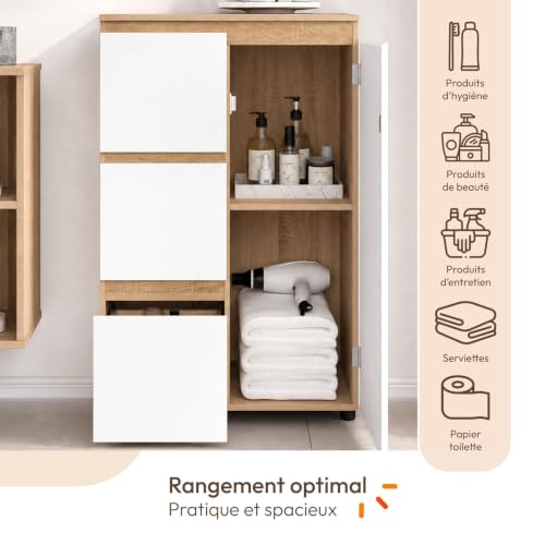 Meuble de rangement salle de bain TOMI 3 tiroirs avec placard façon hêtre et - vue 6