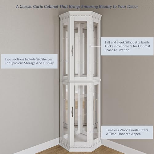 Image of BELLEZE Lighted 3-Side Glass Display Curio Cabinet w /Tempered Glass Doors & Shelves, Accent Wooden Corner Cabinet with Bulb, Corner Storage Decoration Rack for Living Room & Bed-Room Corona (White)
