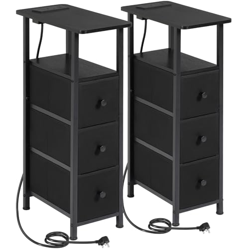 LOAKEKEL Slim Bedside Table Set of 2 with Charging Station, Narrow Side Table with 3 Fabric Drawers, Sofa Table with Open Storage Shelf, Nightstand for Small Spaces, Living Room, Black UHETNDP03BK