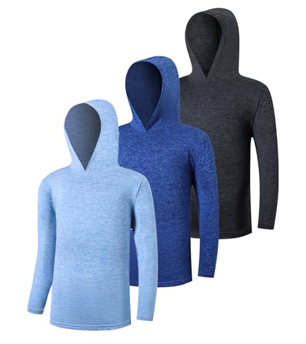3 Pack Kids Quick-Dry Long Sleeve Hoodie Sweatshirts Boys Athletic Pullover Shirts for Everyday Wear and Sports