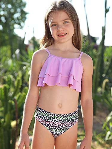 Shekini Girls Floral Printing Bathing Suits Ruffle Flounce Two Piece Swimsuits (Pink Purple, 10-12 Years) #TOP4
