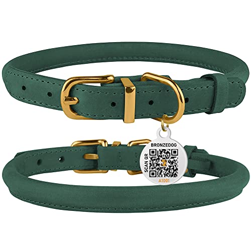 BRONZEDOG Hundehalsband aus gerolltem Leder mit QR-ID-Tag, verstellbar, weiche runde Halsbänder für kleine, mittelgroße und große Hunde, Welpen, Katzen (Smaragdgrün, 35-41 cm)