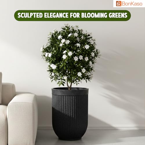 Image of Bonkaso 24 Inch Burj Khalifa Ribbed Planter for Indoor & Outdoor Use | Round Heavy Duty Polymer Flower Pot | Lightweight Weather Resistant Modern Gamla for Living Room Balcony & Terrace (Dark Grey)