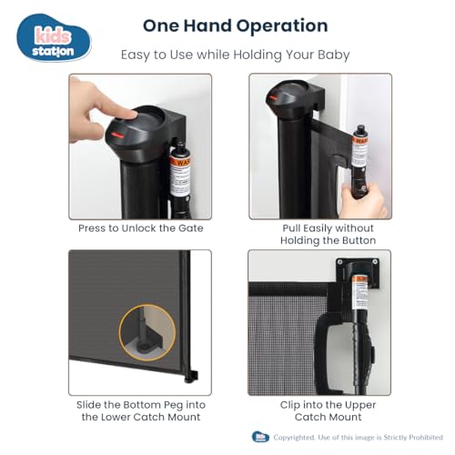 Image of Kids Station Retractable Safety Gate for Toddlers - Barrier Fence - Mesh Baby Gate for Door and Stairs - Retractable Mesh - Height 90cm or 2.9ft - Expandable to 140cm or 4.6ft (Black)