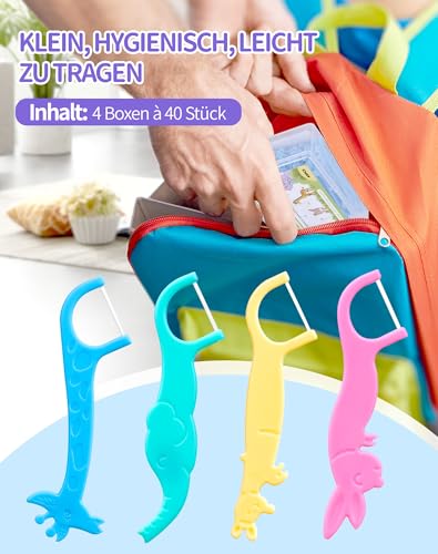 NETONDA Zahnseide Kinder 160 Stück Zahnseide Sticks Kinder Dental Floss mit Kindergerechtem Griff Flossers Kids mit 4 Bunte Griffe in Tierformen - Wachsfrei, Fluorfrei, Bunte Farben (4x40 Stk) – Bild 8