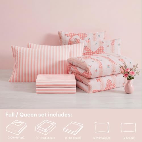 Image of Queen Comforter Set with Sheets for Girls-7 Pieces Soft Queen Bedding Sets | Bed in A Bag Cute Bow Printed Comforter with Pillowcases & Shams, 90 inch X 90 inch