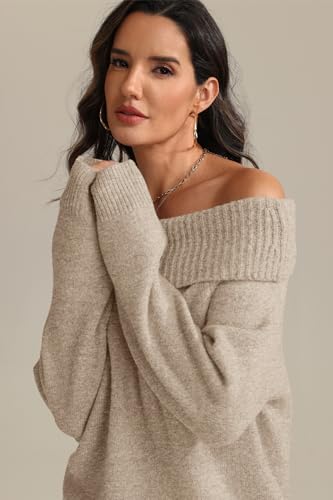 ATHMILE Oversized Sweater for Womens Off The Shoulder Tops Batwing Sleeve Loose Pullover Spring Fall Winter Outfits 2026 Khaki — view 4