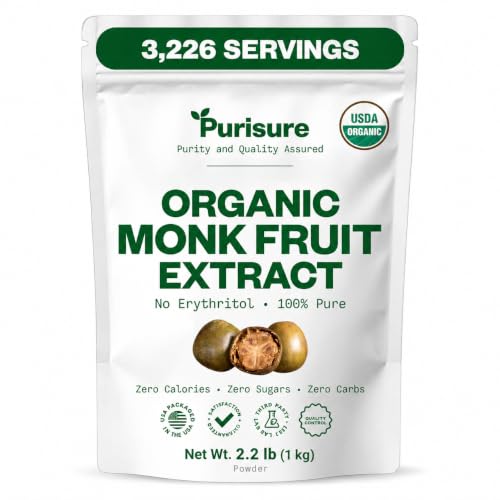 Organic Monk Fruit Extract Powder 1kg, Pure Monk Fruit Sweetener, Non-GMO, No Erythritol or Additives, Zero Calorie Sugar Substitute, Keto &amp; Paleo Diet Friendly, 3226 Serving