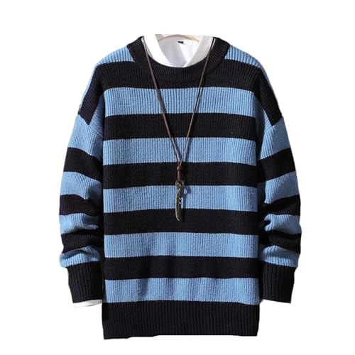 crazynekos Men's Round Neck Sweater Casual Stripes Knitted Pullover Warm Sweaters