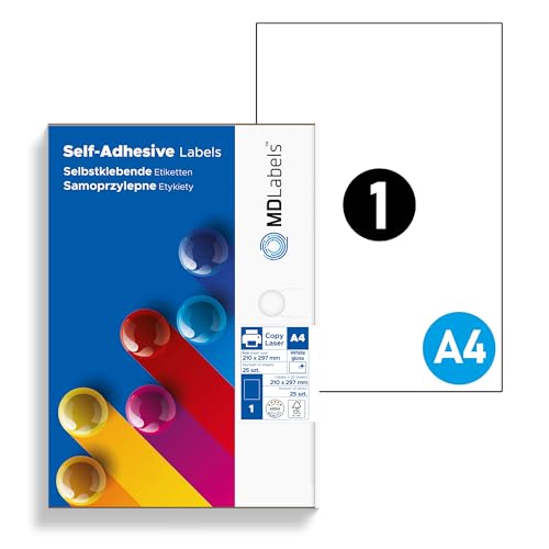 MD Labels Folienetiketten din A4 210x297 mm- 25 Blätter- Wetterfeste- Weiß - Glänzend – bedruckbare für Laserdrucker- Klebeetiketten- Aufkleber aus Folie