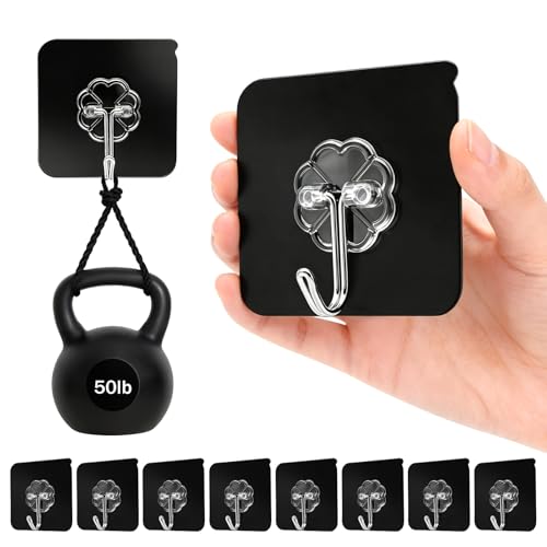 Image of DDMY Heavy Duty Adhesive Hooks for Hanging 50lb(Max) Black Wall Hooks with Strong Sticky,No Damage Removable Hook Waterproof & Reusable for Bathroom, Kitchen, Shower, Outdoor Decor -8 Pack