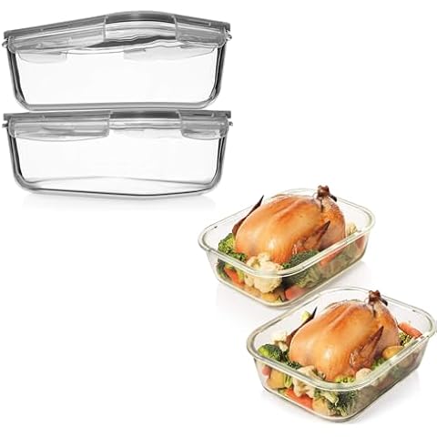 Razab 1860 ml / 8 Cups / 63 Oz 4 Piece + 10 Cups / 80 Oz 4 PC Glass Food Storage Containers with Lids Airtight Leakproof Glass Meal Prep Containers Cover