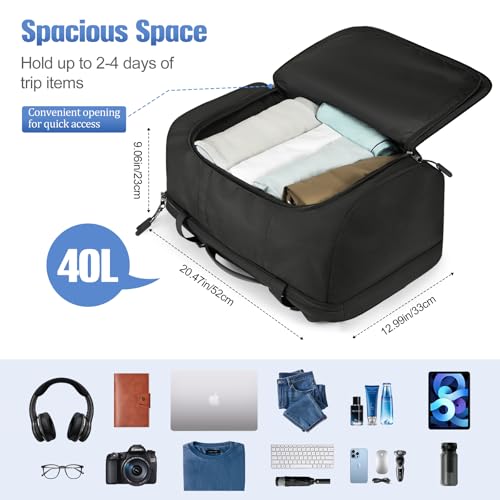 MoKo Travel Backpack for Men, Large 40L TSA Flight Approved Carry on Backpack, 17 inch Laptop Backpack 180° Openable & Expandable, Water-Resistant Lightweight Business Weekender Bag Daypack, Black2