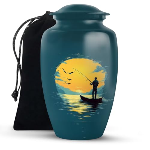 KARYLIZ Fishing Urns for Ashes Adult Male - Blue Funeral Urn for Adult Ashes Men - Sunset Cremation Urn for Human - Large Fisherman Decorative Urns for Male & Female - Velvet Bag (Size 10 Inch)