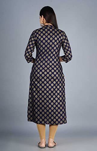 Image of Women's Rayon Printed Straight Fit Kurti with Front Slit (Blue-S)